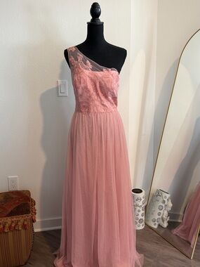 David's Bridal Blush Pink One-Shoulder Lace & Tulle Evening Dress